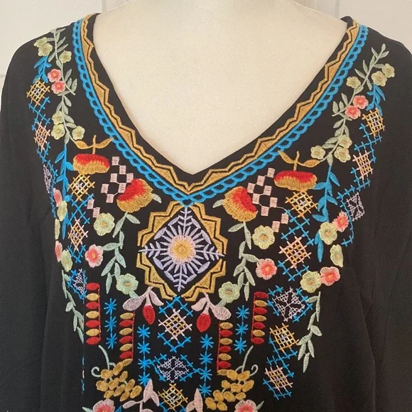 Boho Embroidery Mexican Bohemian Tops Peasant 3/4 Sleeve V Neck Shirt Tunic - Picture 4 of 6